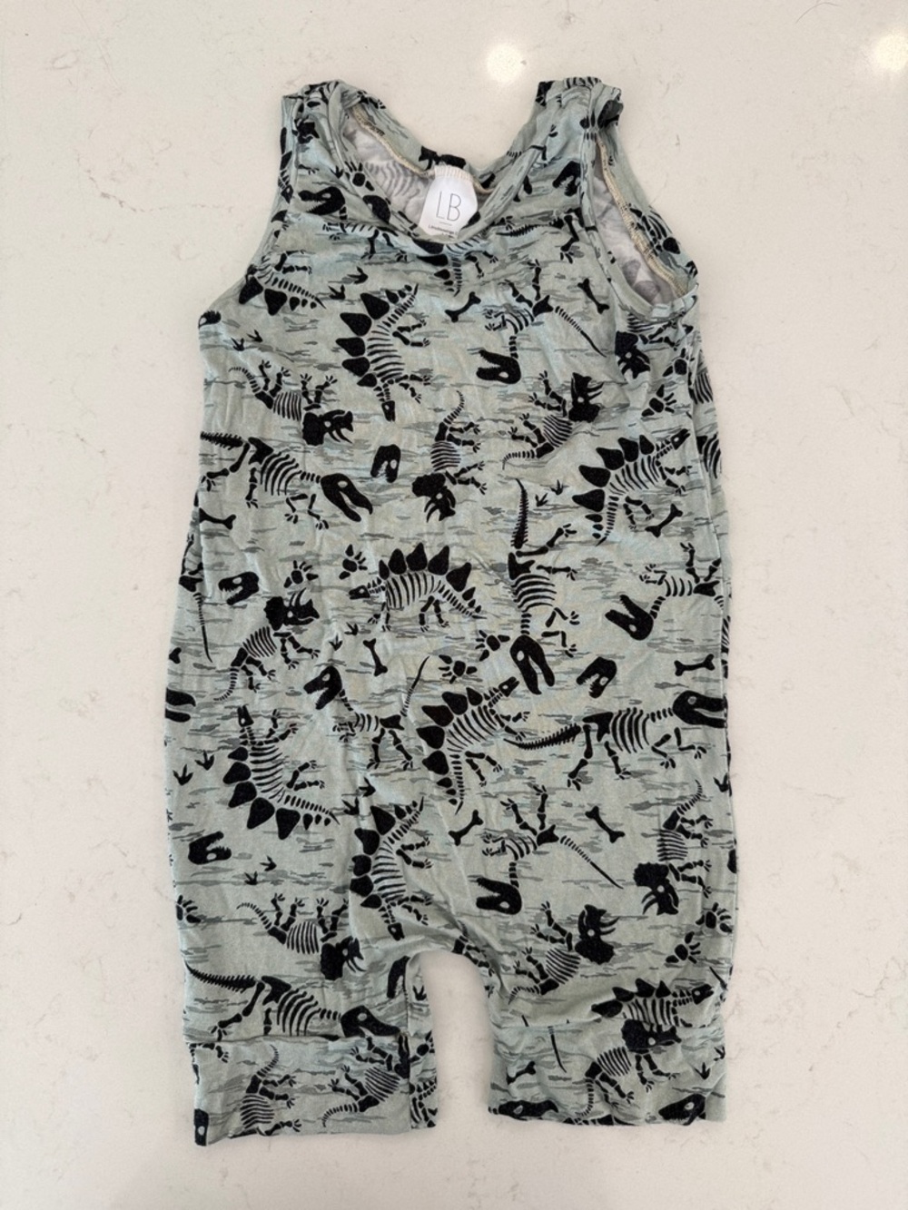 LB Sleeveless Dinosaur Romper in Mint with Black Print size 4T